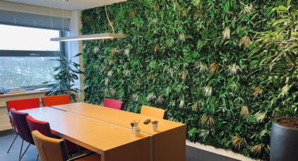 Dempen kantoorgeluiden. Kunsthaag vegetatie Jungle wit varen plantenwand op kantoor